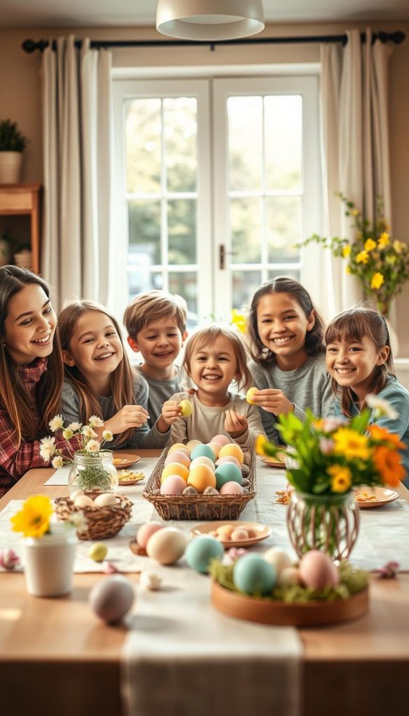 A cozy, inviting family scene celebrating Easter, featuring a beautifully decorated dining table in the foreground. The table is adorned with pastel-colored eggs, handmade Easter decorations, and fresh spring flowers. In the middle ground, cheerful children of diverse backgrounds, dressed in modest casual clothing, are engaged in a fun DIY craft project, painting eggs, laughter evident on their faces. The background displays a warm, sunlit room with soft, natural light streaming through a window, illuminating the vibrant colors and creating an uplifting atmosphere. Inspire a feeling of togetherness and creativity, perfect for spring celebrations. The overall aesthetic should reflect a Pinterest-worthy, natural DIY style with warm, inviting colors. Include subtle branding for "KlickKiste" in the decorations.