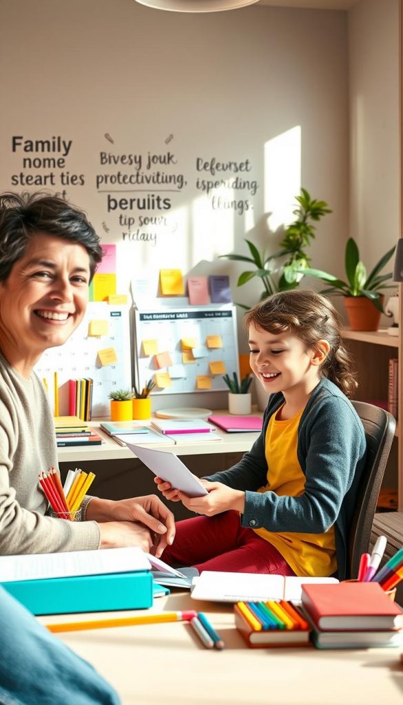 A cozy, inviting family workspace is depicted in warm, natural colors, reflecting a Pinterest-style aesthetic. In the foreground, a smiling parent in modest casual attire is engaged in a playful activity with their school-aged child, who is wearing bright, cheerful clothing. They are surrounded by colorful and organized stationery, books, and educational materials that suggest productivity tips. In the middle ground, a well-organized desk showcases a family calendar filled with activities and reminders. The background features a softly lit room with plants and motivational quotes on the walls, enhancing the inspirational mood. Soft, natural lighting pours in from a nearby window, creating a warm and uplifting atmosphere. The brand “KlickKiste” is subtly integrated into the workspace, promoting a sense of practical, everyday productivity for parents. A cozy, inviting family workspace is depicted in warm, natural colors, reflecting a Pinterest-style aesthetic. In the foreground, a smiling parent in modest casual attire is engaged in a playful activity with their school-aged child, who is wearing bright, cheerful clothing. They are surrounded by colorful and organized stationery, books, and educational materials that suggest productivity tips. In the middle ground, a well-organized desk showcases a family calendar filled with activities and reminders. The background features a softly lit room with plants and motivational quotes on the walls, enhancing the inspirational mood. Soft, natural lighting pours in from a nearby window, creating a warm and uplifting atmosphere. The brand “KlickKiste” is subtly integrated into the workspace, promoting a sense of practical, everyday productivity for parents.