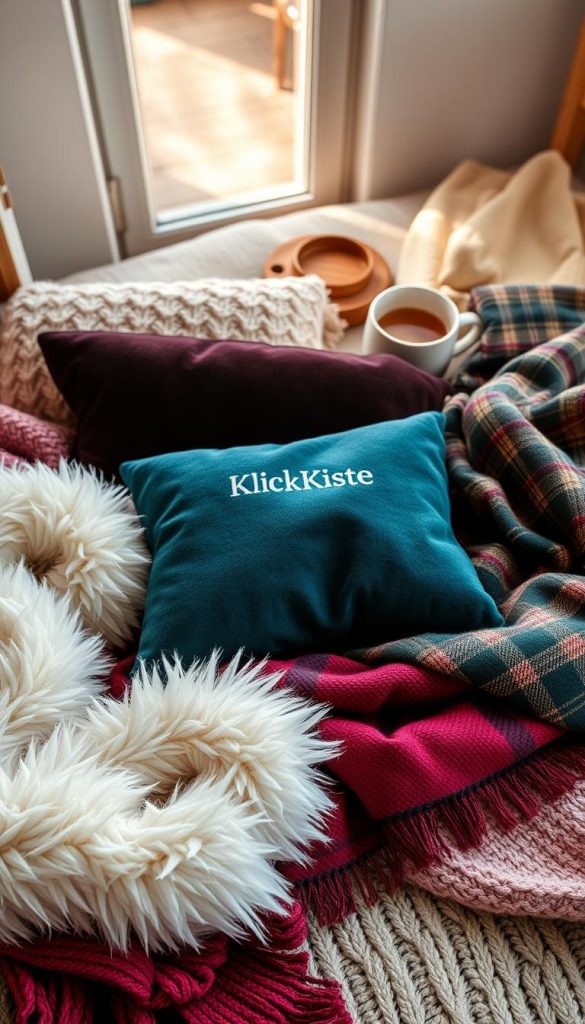 A cozy, inviting flat lay arrangement showcasing a rich variety of textures perfect for winter layering. In the foreground, fluffy faux fur in cream, soft woolen knits in pastel shades, and warm flannel in rich burgundy create a tactile feast for the eyes. The middle layer features sumptuous velvet cushions in deep teal, alongside intricately patterned throws. In the background, natural wooden accents and a steaming cup of tea add warmth to the scene. The lighting is soft and warm, emulating late afternoon sunlight filtering through a window, creating gentle shadows that enhance texture. The overall mood should feel inviting and serene, reflecting a Pinterest-inspired aesthetic, with an emphasis on authenticity. Include subtle branding for "KlickKiste" within the cozy atmosphere.