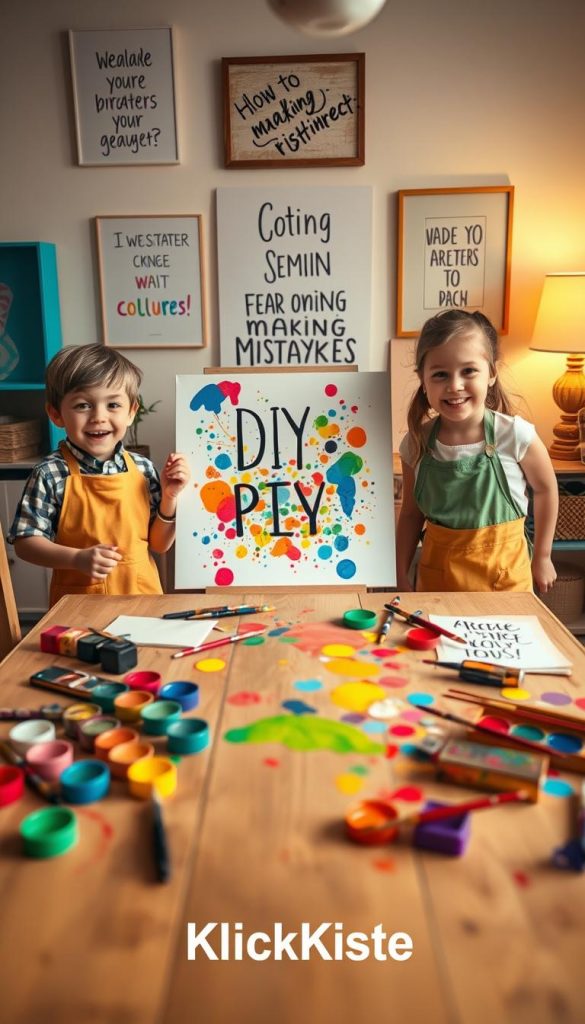 A cozy, inviting indoor setting designed for children's art projects, with a wooden table in the foreground covered in vibrant paints and brushes. Two children, a boy and a girl, are enthusiastically painting with broad strokes, their faces radiating joy and creativity, dressed in modest, colorful aprons. The middle ground features a large canvas showcasing a colorful masterpiece, surrounded by various art supplies, creating a sense of playful chaos. In the background, soft, warm lighting creates a gentle atmosphere, while inspirational artwork hangs on the walls, enhancing the DIY aesthetic. The overall mood is motivational and nurturing, capturing the essence of encouraging creativity without fear of making mistakes. The brand name "KlickKiste" subtly incorporated into the scene, enriching the warmth and authenticity of the image.