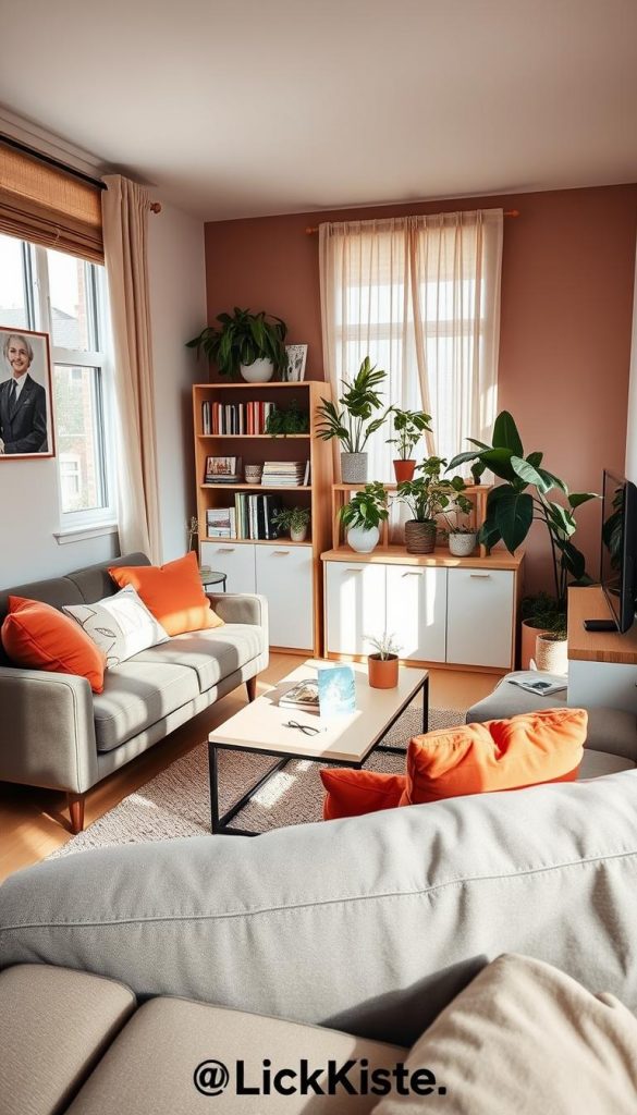 A cozy, inviting interior of a small apartment showcasing thoughtful furniture proportions that create an illusion of spaciousness. In the foreground, a sleek, modern sofa with vibrant cushions sits next to a minimalist coffee table adorned with a few chic décor items. The middle ground features a well-organized shelving unit filled with plants and books, enhancing the sense of warmth and creativity. In the background, a softly lit corner with window treatments allowing natural light to flood the room, casting gentle shadows. The color palette includes warm, earthy tones, highlighting a Pinterest-inspired aesthetic. The atmosphere is authentic and inspiring, emphasizing DIY elements. The scene is captured with a wide-angle lens, focusing on the harmonious balance of furniture in a stylish yet functional layout, reflecting the brand "KlickKiste."