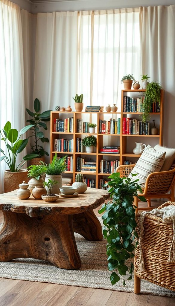 A cozy, inviting interior scene showcasing beautifully crafted wooden furniture with a bohemian flair, positioned in the foreground. Include a handcrafted wooden table adorned with vibrant plants, artisanal ceramics, and soft, textured textiles. In the middle ground, feature a unique bookshelf made of reclaimed wood, displaying an array of colorful books and decorative items. The background should illustrate a soft, natural light filtering through sheer curtains, creating a warm and airy atmosphere. Use a wide-angle lens to capture the entire space and enhance the depth of field. The color palette should consist of earthy tones, complementing the natural wood. The mood is tranquil, inspiring, and perfect for the DIY aesthetic, aligning with the brand "KlickKiste."