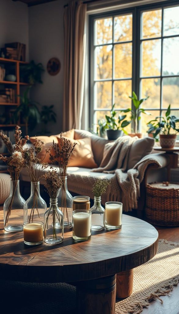 A cozy, inviting interior scene that embodies the essence of sustainability and upcycling. In the foreground, a handcrafted wooden coffee table holds an array of natural decor items, such as dried flowers in recycled glass vases and eco-friendly candles. The middle layer features soft, warm-toned cushions and a knitted throw on a vintage sofa, surrounded by potted plants that emphasize a connection to nature. In the background, a large window allows golden autumn sunlight to stream in, highlighting the rich, warm colors of the decor. The atmosphere is serene and inviting, ideal for a budget-friendly, sustainable home. Create a Pinterest-inspired aesthetic that reflects authenticity and inspiration in cozy living spaces, featuring "KlickKiste" products subtly integrated into the decor. Use soft, diffused lighting to enhance the warm color palette.