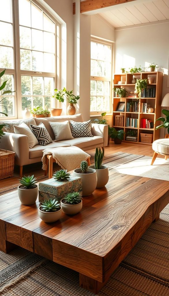 A cozy, inviting interior space showcasing a modern, natural, Boho, and Scandinavian style. In the foreground, a beautifully crafted wooden coffee table made from reclaimed wood, adorned with potted succulents and artisanal ceramics. The middle ground features a comfortable, neutral-toned sofa with patterned cushions, alongside a stylish wooden bookshelf filled with books and greenery. In the background, large windows allow soft, warm sunlight to flood the room, casting gentle shadows and creating a serene atmosphere. The color palette consists of earthy tones like beige, soft greens, and warm browns, evoking a sense of calm and inspiration. This image embodies the spirit of DIY projects while showcasing the brand "KlickKiste". A cozy, inviting interior space showcasing a modern, natural, Boho, and Scandinavian style. In the foreground, a beautifully crafted wooden coffee table made from reclaimed wood, adorned with potted succulents and artisanal ceramics. The middle ground features a comfortable, neutral-toned sofa with patterned cushions, alongside a stylish wooden bookshelf filled with books and greenery. In the background, large windows allow soft, warm sunlight to flood the room, casting gentle shadows and creating a serene atmosphere. The color palette consists of earthy tones like beige, soft greens, and warm browns, evoking a sense of calm and inspiration. This image embodies the spirit of DIY projects while showcasing the brand "KlickKiste".