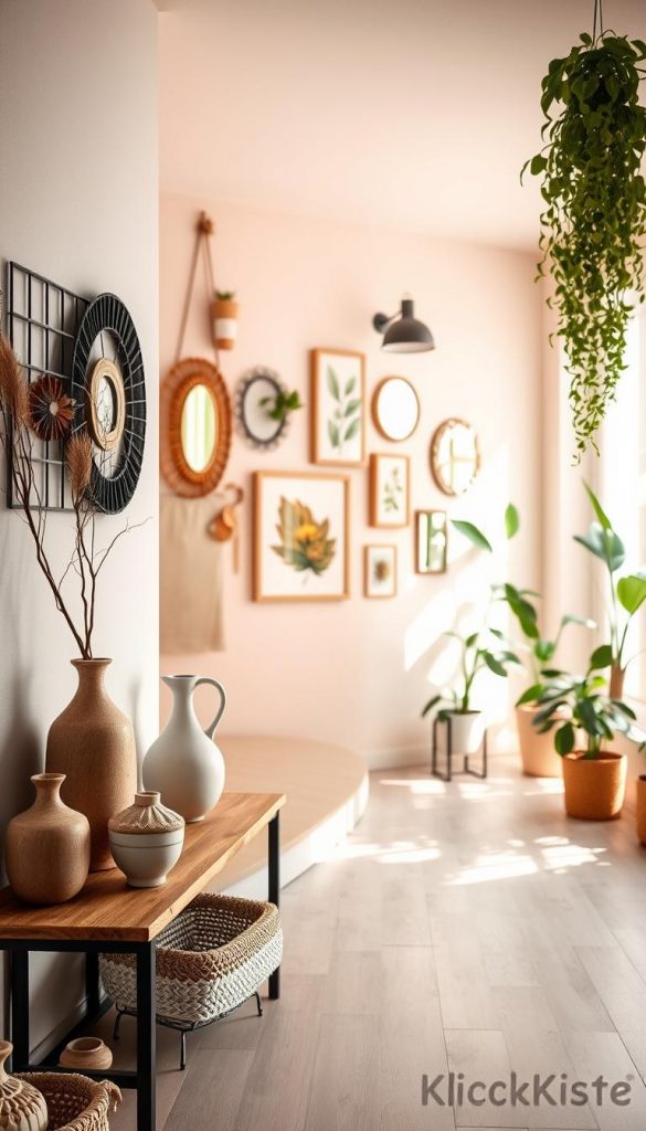 A cozy, inviting interior space showcasing a stylish wall decor arrangement that blends Skandi, Boho, Industrial, and Castlecore styles. In the foreground, a wooden shelf adorned with elegant, earthy-toned vases and handmade crafts inspired by nature. The middle features a beautiful wall mural combining soft pastels and darker industrial elements, with botanical prints and decorative mirrors reflecting natural light. In the background, a softly lit room with light wood flooring and plants softly illuminated by warm, natural daylight streaming through a large window. The atmosphere is harmonious and inspiring, evoking a warm, DIY aesthetic that feels authentic and trendy, tailored for a Pinterest-like vibe. A subtle branding element of "KlickKiste" integrated into the decor.