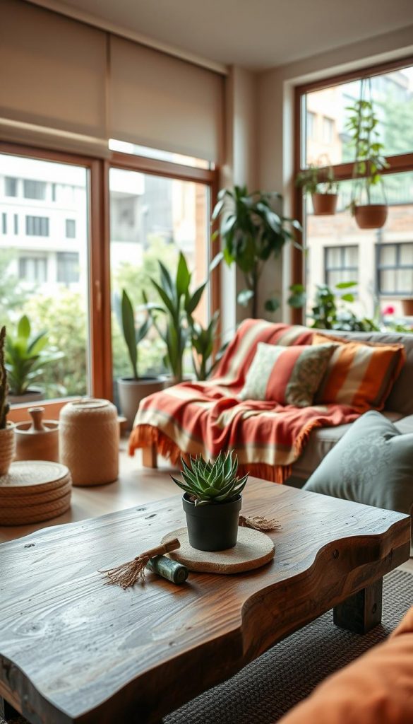 A cozy, inviting interior space that embodies sustainability with a warm color palette. In the foreground, a stylish upcycled wooden coffee table adorned with a potted succulent and reclaimed materials. The middle layer features a comfortable seating arrangement of eco-friendly textiles, including a colorful throw blanket and cushions made from recycled fabrics. In the background, large windows reveal a view of an urban garden, filled with greenery and potted plants, emphasizing the connection between indoor and outdoor spaces. Soft, natural lighting fills the room, enhancing the serene atmosphere. A subtle hint of KlikKiste branding appears on an upcycled decor item, providing authenticity and inspiration. The overall mood is homely and creative, perfect for small apartments looking to embrace sustainable living.