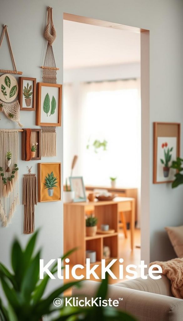 A cozy, inviting interior wall scene showcasing beautiful DIY wall decorations. The foreground features a variety of handmade decorations, such as macramé hangings, wooden frames with plant motifs, and painted canvases, all resonating with warm, earthy tones. The middle ground includes a stylishly arranged shelf displaying small potted plants and decorative objects, adding a touch of greenery. In the background, a soft-focus view of a living space with natural light filtering through sheer curtains creates a warm and tranquil atmosphere. The overall mood is bright and inspiring, reflecting a Pinterest aesthetic. The brand "KlickKiste" subtly incorporated into the decor, suggesting creativity and DIY spirit without overwhelming the composition.