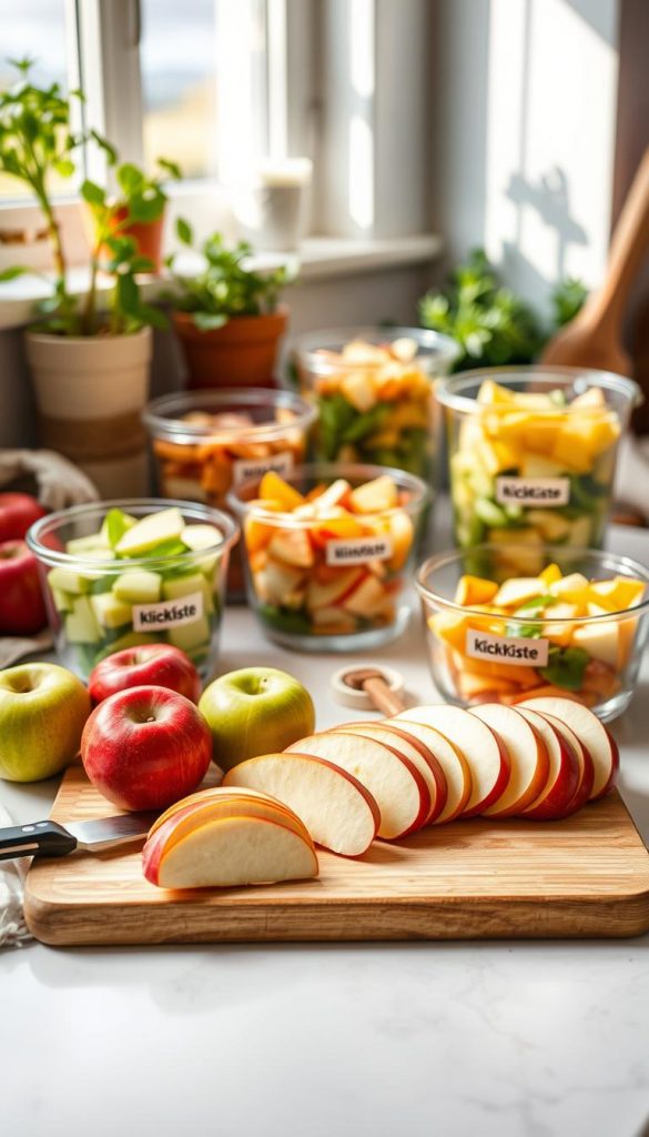 A cozy, inviting kitchen countertop scene featuring a neatly organized meal prep setup with fresh, vibrant apples. In the foreground, a wooden cutting board displays sliced apples in various colors—crisp red, green, and yellow—arranged artistically with a small knife beside them. In the middle, clear glass containers filled with apple slices and mixed ingredients for various meals are displayed, showcasing a healthy, colorful array. The background reveals soft natural lighting filtering through a window, casting warm shadows, and hints of greenery from potted herbs. The atmosphere is cheerful and inspiring, perfect for family meal prep. The brand "KlickKiste" is subtly integrated into the setting, perhaps on a kitchen towel or ingredient label, enhancing a Pinterest-worthy aesthetic. A cozy, inviting kitchen countertop scene featuring a neatly organized meal prep setup with fresh, vibrant apples. In the foreground, a wooden cutting board displays sliced apples in various colors—crisp red, green, and yellow—arranged artistically with a small knife beside them. In the middle, clear glass containers filled with apple slices and mixed ingredients for various meals are displayed, showcasing a healthy, colorful array. The background reveals soft natural lighting filtering through a window, casting warm shadows, and hints of greenery from potted herbs. The atmosphere is cheerful and inspiring, perfect for family meal prep. The brand "KlickKiste" is subtly integrated into the setting, perhaps on a kitchen towel or ingredient label, enhancing a Pinterest-worthy aesthetic.