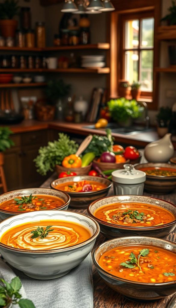 A cozy, inviting kitchen scene featuring a variety of allergy-friendly soups in elegant bowls. In the foreground, vibrant soups made with fresh ingredients like carrots, lentils, and greens, garnished with herbs, showcase rich colors and textures. The middle ground displays a rustic wooden table adorned with colorful vegetables and spices, emphasizing a healthy lifestyle. Soft, warm lighting filters through a nearby window, creating a homey, welcoming atmosphere. The background features shelves filled with jars of ingredients and cookbooks, hinting at culinary inspiration. The overall mood is wholesome and approachable, reflecting the concept of healthier alternatives. Capture this authentic, Pinterest-inspired look for "KlickKiste". A cozy, inviting kitchen scene featuring a variety of allergy-friendly soups in elegant bowls. In the foreground, vibrant soups made with fresh ingredients like carrots, lentils, and greens, garnished with herbs, showcase rich colors and textures. The middle ground displays a rustic wooden table adorned with colorful vegetables and spices, emphasizing a healthy lifestyle. Soft, warm lighting filters through a nearby window, creating a homey, welcoming atmosphere. The background features shelves filled with jars of ingredients and cookbooks, hinting at culinary inspiration. The overall mood is wholesome and approachable, reflecting the concept of healthier alternatives. Capture this authentic, Pinterest-inspired look for "KlickKiste".