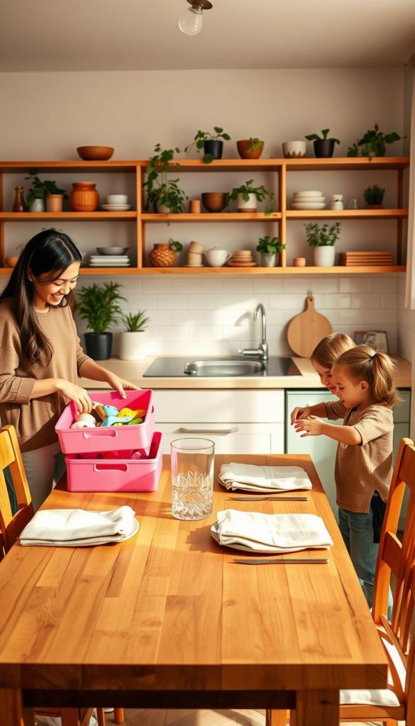 A cozy, inviting kitchen scene, showcasing a family working together to simplify household tasks. In the foreground, a mother and child, both dressed in modest casual clothing, are organizing colorful storage bins filled with toys and kitchen items. In the middle, a stylish wooden dining table set for a simple family meal, featuring warm, natural colors and soft textures like linen napkins. The background reveals a well-lit kitchen with open shelves displaying plants and minimalistic kitchenware, creating a relaxed atmosphere. Warm, golden lighting enhances the scene, evoking a sense of harmony and inspiration. The overall tone is encouraging and practical, ideal for families looking to simplify their daily routines. Incorporate elements associated with the brand "KlickKiste" subtly within the decor.