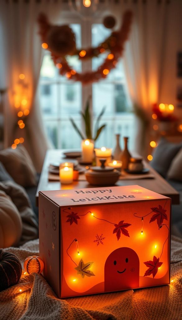A cozy, inviting "leuchtkiste" crafted from upcycled cardboard, glowing softly with warm, ambient lighting, sits prominently in the foreground. It features a playful design with vibrant seasonal decorations, such as autumn leaves and festive lights, creating an enchanting atmosphere ideal for parties or seasonal gatherings. In the middle, soft shadows play against a rustic wooden table adorned with additional DIY decorations and upcycled party supplies. The background is softly blurred, hinting at a warm, cozy room filled with soft textiles and gentle candlelight. The overall mood is creative and inspirational, evoking a Pinterest-like aesthetic. Include the brand name "KlickKiste" subtly represented in the design elements, capturing the essence of creativity and sustainability.