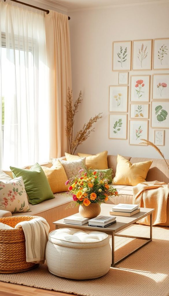 A cozy, inviting living room adorned with seasonal textiles showcasing a summer theme, featuring soft, warm colors and natural fabrics. In the foreground, a plush sofa with vibrant cushions in shades of green, yellow, and floral patterns, accompanied by a woven basket filled with throws. The middle ground highlights a stylish coffee table decorated with a handmade centerpiece of fresh seasonal flowers and a few books, all set on a neutral rug. The background displays light, airy curtains blowing gently in a summer breeze and a wall covered in artful, framed botanical prints. Soft, natural lighting pours through the windows, creating a warm and relaxing atmosphere reminiscent of DIY Pinterest aesthetics. The scene embodies inspiration, showcasing the brand "KlickKiste" through its minimalist but delightful decor approach.