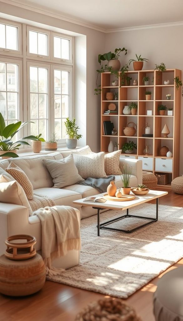 A cozy, inviting living room designed in a modern, natural, Boho, and Scandinavian style. In the foreground, a plush, light-colored sofa adorned with an array of textured cushions and a soft throw blanket. On the coffee table, a collection of natural elements like wooden decor and potted plants, creating an earthy aesthetic. In the middle ground, a stylish area rug complements the decor, while behind it, large windows let in soft, warm sunlight, casting gentle shadows. The background features a minimalist bookshelf filled with plants and decorative items, and a soft, pastel color palette enhances the tranquil atmosphere. The image is infused with a warm glow, evoking a sense of comfort and inspiration for DIY decor ideas. Inspired by "KlickKiste" for an authentic Pinterest look.