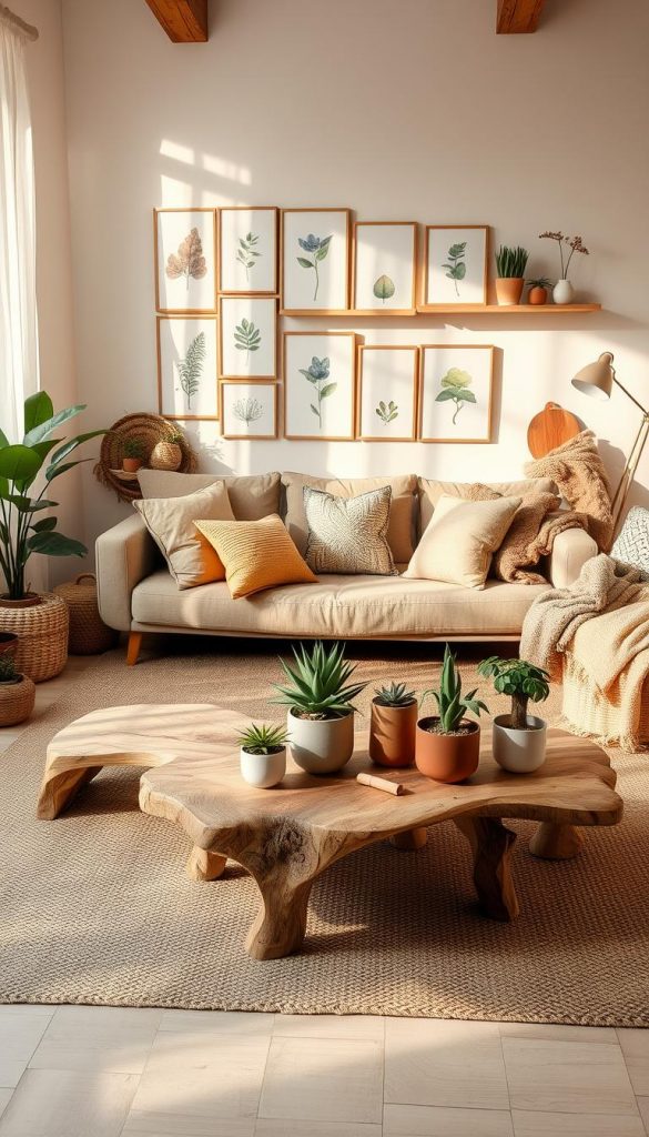 A cozy, inviting living room interior inspired by sustainable DIY aesthetics, featuring natural materials and a harmonious blend of modern, boho, and Scandinavian styles. In the foreground, a handmade wooden coffee table with potted plants and artisanal decor. The middle ground showcases a comfortable sofa adorned with eco-friendly cushions in warm earth tones, soft rugs, and textured fabrics. In the background, a wall with botanical prints and open shelves displaying unique handmade crafts reflects a Pinterest-inspired atmosphere. Soft, warm lighting filters through sheer curtains, casting gentle shadows and creating a relaxed mood. The overall vibe is authentic and inspiring, illustrating the essence of a stylishly sustainable home. Brand name subtly integrated: "KlickKiste."