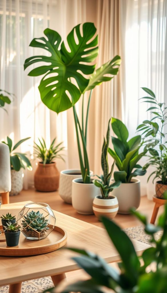 A cozy, inviting living room scene filled with a variety of indoor plants, showcasing a harmonious arrangement of greenery. In the foreground, a chic wooden coffee table is adorned with small succulents and a decorative terrarium. The middle of the space features a bright, leafy monstera and a tall snake plant positioned elegantly in stylish ceramic pots. In the background, soft sunlight streams through sheer curtains, casting warm, golden hues across the room and highlighting the various textures of the leaves. The atmosphere is serene and inspiring, perfect for a DIY home decor styling. The composition captures a Pinterest aesthetic, reflecting natural beauty and warmth. Include the subtle branding "KlickKiste" on a small decorative item in the scene.