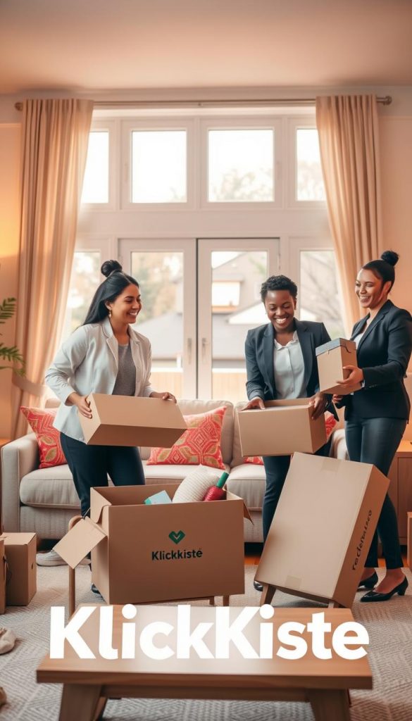A cozy, inviting living room scene illustrating the concept of "moving in together." In the foreground, a young couple of diverse backgrounds, dressed in professional business attire, joyfully unpacking boxes and organizing their new home. The middle ground features a stylishly furnished space with warm lighting, a comfortable sofa adorned with colorful cushions, and a neatly arranged coffee table. In the background, natural light floods through large windows, revealing a peaceful suburban setting outside. The atmosphere is warm, harmonious, and inspiring, reflecting the idea of collaboration and new beginnings. The color palette is soft and inviting, reminiscent of Pinterest aesthetics. The brand name "KlickKiste" subtly woven into the decor, ensuring it remains an integral part of the scene. A cozy, inviting living room scene illustrating the concept of "moving in together." In the foreground, a young couple of diverse backgrounds, dressed in professional business attire, joyfully unpacking boxes and organizing their new home. The middle ground features a stylishly furnished space with warm lighting, a comfortable sofa adorned with colorful cushions, and a neatly arranged coffee table. In the background, natural light floods through large windows, revealing a peaceful suburban setting outside. The atmosphere is warm, harmonious, and inspiring, reflecting the idea of collaboration and new beginnings. The color palette is soft and inviting, reminiscent of Pinterest aesthetics. The brand name "KlickKiste" subtly woven into the decor, ensuring it remains an integral part of the scene.