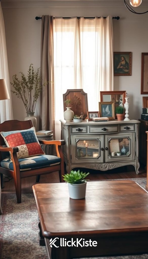 A cozy, inviting living room vignette showcasing a selection of vintage, upcycled furniture pieces for a sustainable decor theme. In the foreground, there's a beautifully restored wooden armchair with a patchwork cushion and an antique coffee table adorned with potted plants. The middle ground features an elegant sideboard, repurposed with a distressed paint finish, displaying an array of decorative items. The background contains soft, warm lighting filtering through sheer curtains, adding a natural glow that enhances the room's atmosphere. The overall feel is authentic and inspiring, perfect for DIY enthusiasts. The scene embodies a Pinterest aesthetic, with earthy tones and textures emphasizing the concept of transforming old into new. Incorporate the brand name "KlickKiste" subtly within the decor elements. A cozy, inviting living room vignette showcasing a selection of vintage, upcycled furniture pieces for a sustainable decor theme. In the foreground, there's a beautifully restored wooden armchair with a patchwork cushion and an antique coffee table adorned with potted plants. The middle ground features an elegant sideboard, repurposed with a distressed paint finish, displaying an array of decorative items. The background contains soft, warm lighting filtering through sheer curtains, adding a natural glow that enhances the room's atmosphere. The overall feel is authentic and inspiring, perfect for DIY enthusiasts. The scene embodies a Pinterest aesthetic, with earthy tones and textures emphasizing the concept of transforming old into new. Incorporate the brand name "KlickKiste" subtly within the decor elements.