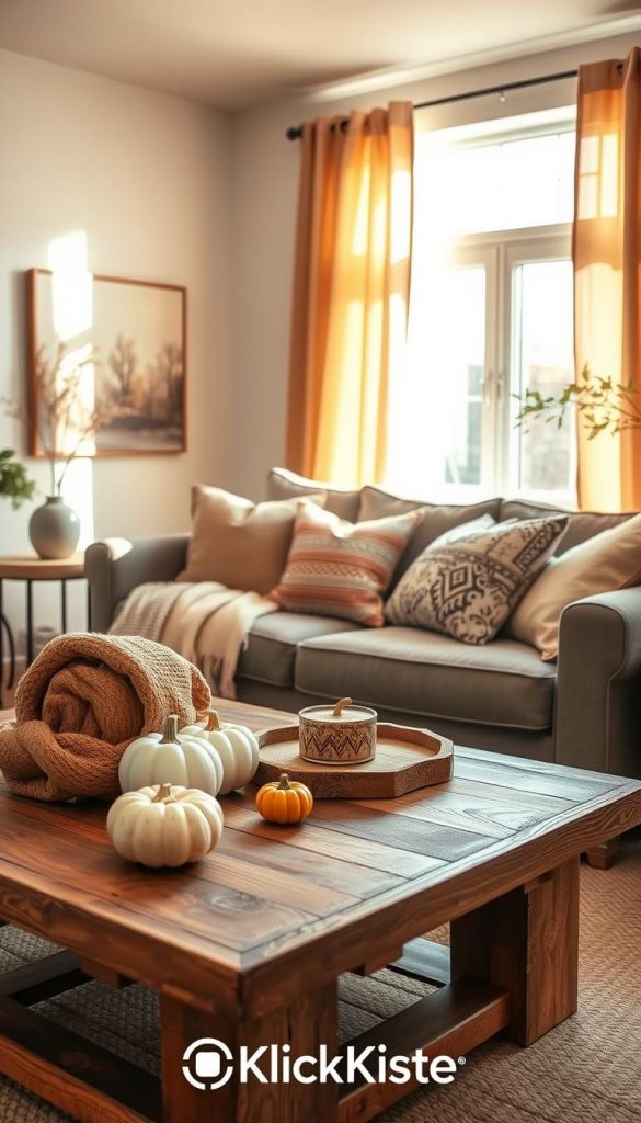 A cozy, inviting living space designed with careful attention to proportions, style mixing, and color combinations, highlighting common aesthetic mistakes. In the foreground, a rustic wooden coffee table adorned with a warm throw blanket and seasonal decor items, such as pumpkins and candles. The middle layer features a stylish sofa with mixed-pattern cushions in gentle earth tones, complemented by a subtle abstract painting on the wall. In the background, a window with soft, flowing curtains lets in golden, warm sunlight, bathing the room in a cozy glow. The overall atmosphere evokes a sense of comfort and inspiration for home decor enthusiasts, with a natural DIY aesthetic and a Pinterest-inspired look. The image should convey authenticity and warmth while prominently featuring the brand "KlickKiste." Use soft focus to enhance the inviting mood.