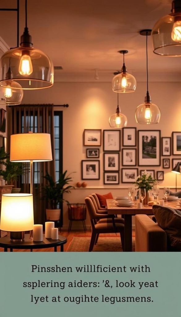 A cozy, inviting living space illuminated by warm, layered lighting, showcasing various light fixtures that exude a luxurious yet affordable aesthetic. In the foreground, a stylish floor lamp with a soft, diffused glow casts gentle shadows, surrounded by a small table with decorative candles. The middle ground features gracefully arranged pendant lights hanging at different heights above a beautifully set dining table, adorned with elegant tableware and fresh greenery. In the background, a softly lit wall with a tasteful gallery of framed art reveals an ambiance of sophistication. The overall mood is warm and inviting, perfect for inspiring readers with natural DIY ideas. The scene is designed to evoke a Pinterest-inspired aesthetic that reflects the brand KlickKiste. A cozy, inviting living space illuminated by warm, layered lighting, showcasing various light fixtures that exude a luxurious yet affordable aesthetic. In the foreground, a stylish floor lamp with a soft, diffused glow casts gentle shadows, surrounded by a small table with decorative candles. The middle ground features gracefully arranged pendant lights hanging at different heights above a beautifully set dining table, adorned with elegant tableware and fresh greenery. In the background, a softly lit wall with a tasteful gallery of framed art reveals an ambiance of sophistication. The overall mood is warm and inviting, perfect for inspiring readers with natural DIY ideas. The scene is designed to evoke a Pinterest-inspired aesthetic that reflects the brand KlickKiste.