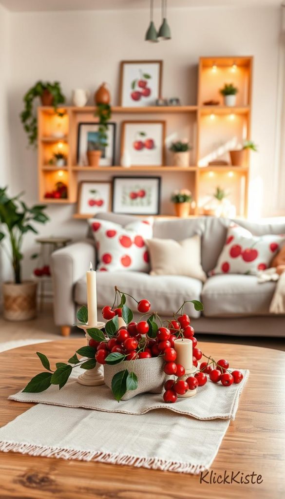 A cozy, inviting living space reflecting "Budget cherry vibes" with warm, natural tones. In the foreground, a low coffee table adorned with a cherry-themed DIY centerpiece, featuring vibrant red cherries, quaint candleholders, and a soft linen runner. The middle layer showcases an aesthetically pleasing arrangement of budget-friendly decorations, including cherry-patterned cushions on a modest, stylish sofa and wall art with cherry motifs. The background is filled with softly lit, warm wood shelves displaying curated cherry-hued knick-knacks and plants, evoking a Pinterest-worthy ambiance. The scene is illuminated by gentle, warm lighting from a nearby window, capturing a sense of inspiration and authenticity, ideal for a lifestyle article. Ensure no captions or watermarks disrupt the composition. Include subtle branding elements of "KlickKiste" within the décor.