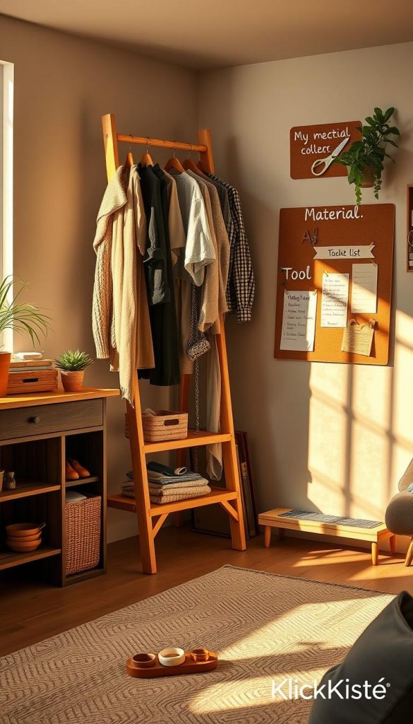 A cozy, inviting living space showcasing a DIY clothing ladder, ideal for small apartments. In the foreground, a beautifully crafted wooden ladder leaning against the wall, adorned with neatly organized clothes and accessories. The middle ground features a stylishly arranged workspace with a material and tool list pinned on a corkboard, accompanied by scattered crafting tools like scissors and tape. The background captures warm, soft lighting filtering through a window, casting gentle shadows that enhance the ambience of the room. The overall mood is inspiring and creative, evoking a natural DIY aesthetic with warm colors, reminiscent of a Pinterest-inspired home. Include branding elements of "KlickKiste" subtly integrated into the decor.