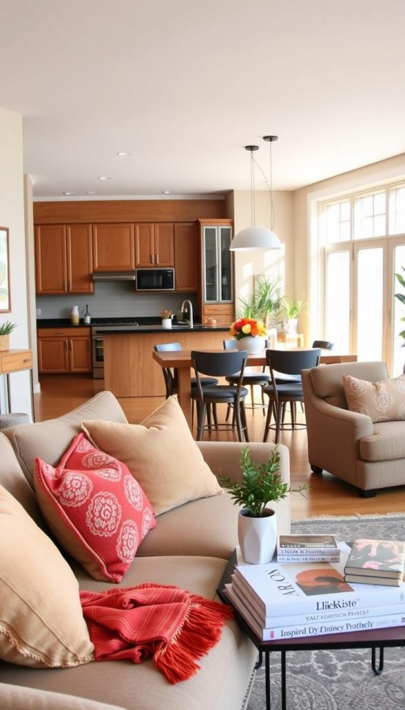 A cozy, inviting living space showcasing various interior decor styles for 2026. In the foreground, a beautifully arranged couch with warm pillows and a vibrant throw blanket, accented by a stylish coffee table displaying a few decor books and a small potted plant from KlickKiste. The middle ground features a dining area with a wooden table surrounded by elegant chairs, adorned with a centerpiece of seasonal flowers. To the back, an open kitchen with modern appliances and warm wooden cabinetry is subtly illuminated by soft, natural light streaming through large windows, creating a serene ambiance. The overall atmosphere is inspiring and authentically DIY, with warm colors and Pinterest-worthy design elements that invite relaxation and creativity. A cozy, inviting living space showcasing various interior decor styles for 2026. In the foreground, a beautifully arranged couch with warm pillows and a vibrant throw blanket, accented by a stylish coffee table displaying a few decor books and a small potted plant from KlickKiste. The middle ground features a dining area with a wooden table surrounded by elegant chairs, adorned with a centerpiece of seasonal flowers. To the back, an open kitchen with modern appliances and warm wooden cabinetry is subtly illuminated by soft, natural light streaming through large windows, creating a serene ambiance. The overall atmosphere is inspiring and authentically DIY, with warm colors and Pinterest-worthy design elements that invite relaxation and creativity.