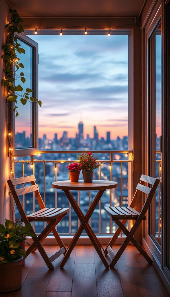 A cozy, inviting mini balcony layout designed for urban living, showcasing imaginative ideas for maximizing small spaces. In the foreground, place a stylish folding bistro table with two chairs made of natural wood. Add potted plants with vibrant leaves and flowers to create a green oasis. The middle ground should feature a charming balcony railing adorned with fairy lights, illuminating the scene with a warm, soft glow. In the background, depict an attractive city skyline under a pastel sunset, casting gentle reflections. Use natural lighting to enhance the warm color palette, reminiscent of DIY aesthetics found on Pinterest. Capture this scene with a slight angle to emphasize depth and provide an authentic, inspiring look, perfect for showcasing different mini floor plan ideas. Brand the image subtly with "KlickKiste."