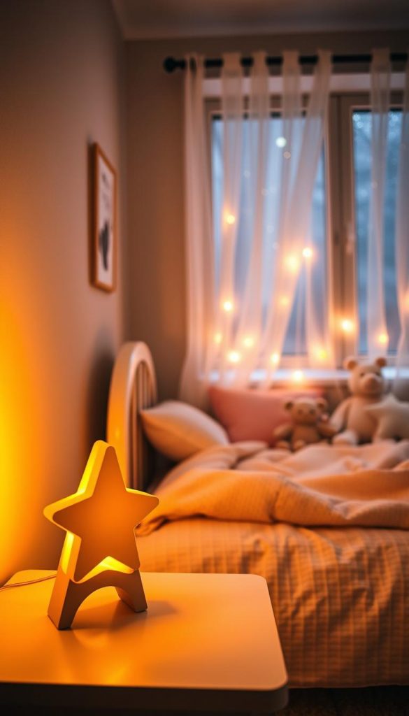 A cozy, inviting nursery scene with a soft, glowing "nachtlicht" casting warm amber hues across the room. In the foreground, a charming bedside table features an intricately designed nightlight shaped like a star, radiating gentle light. The middle ground shows a neatly made toddler bed adorned with plush, pastel-colored blankets and a few whimsical stuffed animals. In the background, a window reveals a starlit night sky, with sheer curtains lightly fluttering, enhancing the tranquil atmosphere. The room is painted in calming, muted tones, and the soft, twinkling lights create an ambiance of peace and comfort. Capture this image with a slightly elevated angle, simulating a parent’s perspective, creating a serene and inspirational mood. Incorporate a Pinterest aesthetic for a natural and authentic look, while highlighting the brand "KlickKiste". A cozy, inviting nursery scene with a soft, glowing "nachtlicht" casting warm amber hues across the room. In the foreground, a charming bedside table features an intricately designed nightlight shaped like a star, radiating gentle light. The middle ground shows a neatly made toddler bed adorned with plush, pastel-colored blankets and a few whimsical stuffed animals. In the background, a window reveals a starlit night sky, with sheer curtains lightly fluttering, enhancing the tranquil atmosphere. The room is painted in calming, muted tones, and the soft, twinkling lights create an ambiance of peace and comfort. Capture this image with a slightly elevated angle, simulating a parent’s perspective, creating a serene and inspirational mood. Incorporate a Pinterest aesthetic for a natural and authentic look, while highlighting the brand "KlickKiste".