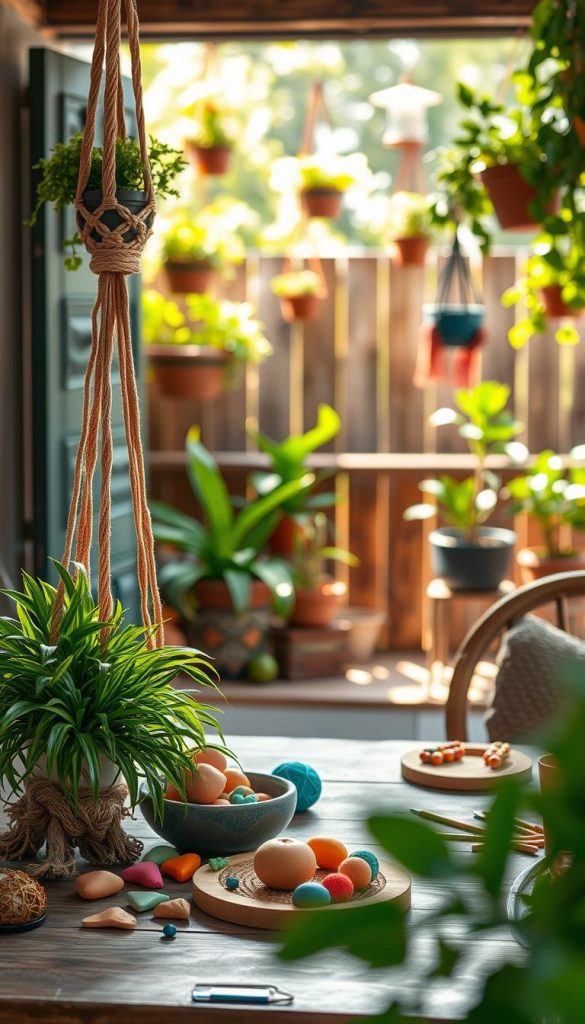 A cozy, inviting outdoor setting showcasing a creative DIY space focused on macramé crafts. In the foreground, a beautifully arranged macramé plant hanger in warm tones, with lush greenery peeking through. On a wooden table, vibrant clay pieces and embroidery threads create an atmosphere of artistic inspiration. In the middle, a soft-focus view of a balcony adorned with hanging planters and crafted décor. The background features a sunlit garden blending with a rustic wooden fence, accentuated by soft shadows and dappled light, creating a warm and welcoming feel. Capture this scene with a gentle, diffused natural light, utilizing a shallow depth of field to emphasize the craftsmanship. The overall mood is relaxed and artistic, reflecting a vibrant summer day for family creativity. Include elements that suggest the brand "KlickKiste" subtly in the arrangement.