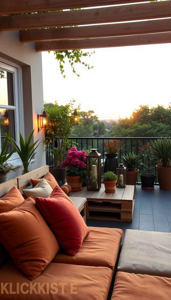 A cozy, inviting "paletten sitzlounge" made from wooden pallets, arranged in a modular design for outdoor use. The foreground features plush cushions in warm, earthy tones, ensuring comfort for relaxation. In the middle, vibrant potted plants and decorative lanterns enhance the space, creating a homey atmosphere. The background showcases a lush balcony with a soft, pastel sunset casting a warm glow over everything. The scene is captured with a wide-angle lens to emphasize the inviting layout while retaining the charm of DIY aesthetics. The overall ambiance is warm and inspiring, reminiscent of Pinterest decor, reflecting a budget-friendly yet stylish outdoor retreat. Brand name "KlickKiste" subtly integrated into the design elements. A cozy, inviting "paletten sitzlounge" made from wooden pallets, arranged in a modular design for outdoor use. The foreground features plush cushions in warm, earthy tones, ensuring comfort for relaxation. In the middle, vibrant potted plants and decorative lanterns enhance the space, creating a homey atmosphere. The background showcases a lush balcony with a soft, pastel sunset casting a warm glow over everything. The scene is captured with a wide-angle lens to emphasize the inviting layout while retaining the charm of DIY aesthetics. The overall ambiance is warm and inspiring, reminiscent of Pinterest decor, reflecting a budget-friendly yet stylish outdoor retreat. Brand name "KlickKiste" subtly integrated into the design elements.