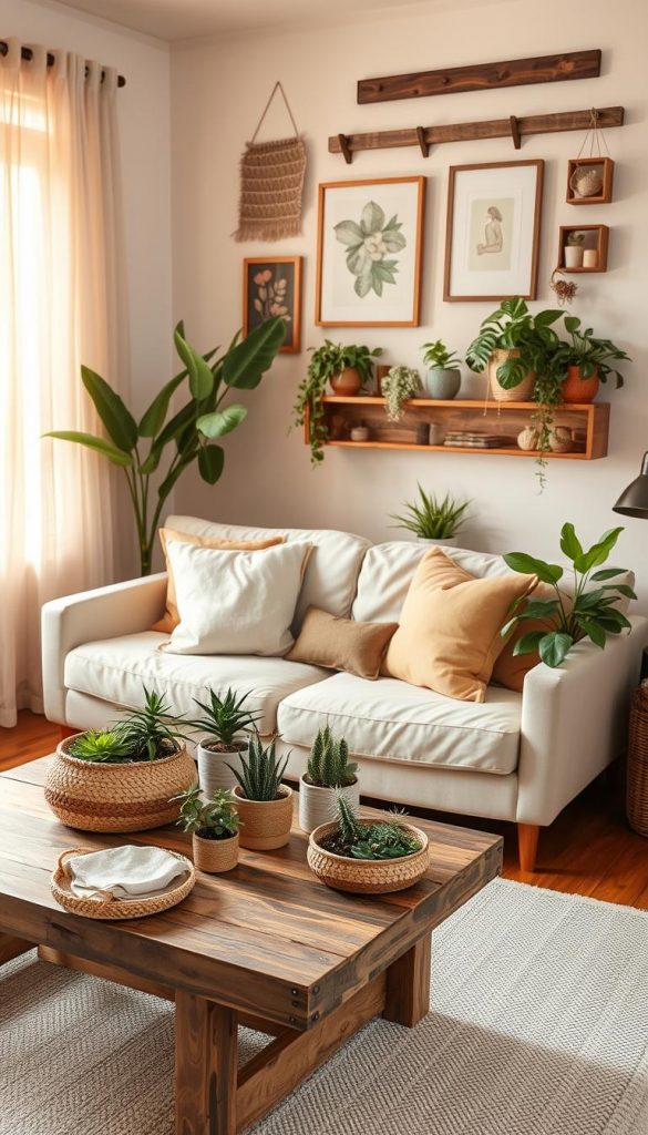 A cozy, inviting rental apartment showcasing "mietfreundliche-montagen" with smart, budget-friendly decor alternatives. In the foreground, a rustic wooden coffee table adorned with decorative woven baskets and linen textiles, featuring an array of houseplants for a natural touch. The middle ground reveals a tastefully arranged living area with a modern, soft-color couch complemented by throw pillows in earthy tones. A wall with upcycled decor ideas, such as framed fabric art and hanging shelves made from reclaimed wood, provides an urban aesthetic. The background shows a window with sheer curtains allowing warm, golden-hour sunlight to fill the space, creating an uplifting atmosphere. The scene embodies a Pinterest-inspired DIY aesthetic, full of authentic charm. Brand name: KlickKiste.