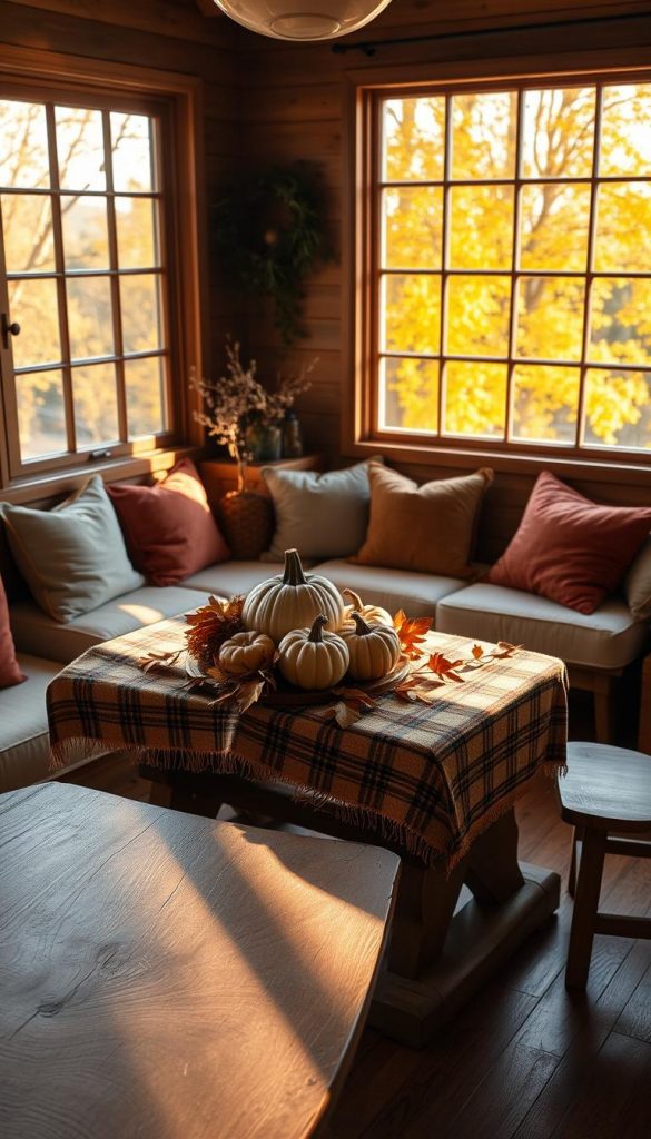 A cozy, inviting room featuring a wooden table positioned near a large window, allowing soft, golden autumn sunlight to filter through, casting gentle shadows. The foreground showcases a rustic, textured table adorned with a warm plaid tablecloth and a centerpiece of pumpkins and dried leaves. In the middle, there are comfortable, layered seating options with plush cushions in warm tones, creating a welcoming atmosphere. The background displays the autumn landscape through the window, with vibrant yellow and orange leaves visible outside. The overall mood is warm and nostalgic, perfect for fall. The setting reflects a natural DIY aesthetic with a Pinterest-inspired look, emphasizing authenticity and inspiration. Brand: KlickKiste.