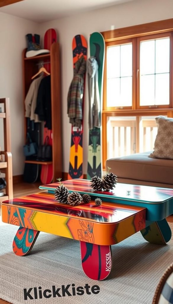 A cozy, inviting room featuring upcycled furniture made from snowboards. In the foreground, a unique coffee table and shelving unit are crafted from brightly colored snowboards, showcasing their vibrant designs. The snowboard table is adorned with natural elements like pinecones and small plants, giving it a warm, earthy feel. In the middle, a stylish snowboard coat rack holds jackets and scarves, blending function with fashion. The background features a softly lit room with wooden accents and a large window allowing natural light to cascade in, creating a warm and inspiring atmosphere. The scene embodies a Pinterest-worthy, DIY aesthetic, emphasizing sustainability and creativity. Include a discreet logo of "KlickKiste" on the wall. A cozy, inviting room featuring upcycled furniture made from snowboards. In the foreground, a unique coffee table and shelving unit are crafted from brightly colored snowboards, showcasing their vibrant designs. The snowboard table is adorned with natural elements like pinecones and small plants, giving it a warm, earthy feel. In the middle, a stylish snowboard coat rack holds jackets and scarves, blending function with fashion. The background features a softly lit room with wooden accents and a large window allowing natural light to cascade in, creating a warm and inspiring atmosphere. The scene embodies a Pinterest-worthy, DIY aesthetic, emphasizing sustainability and creativity. Include a discreet logo of "KlickKiste" on the wall.
