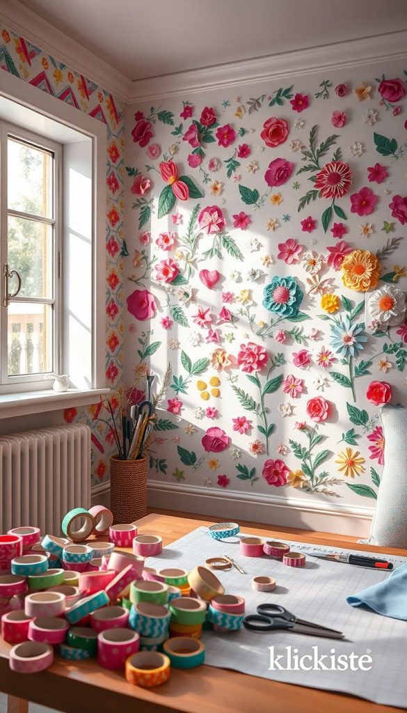 A cozy, inviting room filled with colorful washi-tape wall art, beautifully arranged in geometric patterns and floral designs. In the foreground, various rolls of washi tape in vibrant hues, including pastel pinks, greens, and blues, are artistically scattered around a creative workspace, along with a pair of scissors and a cutting mat. In the middle, the walls are adorned with stunning washi-tape murals that create an atmosphere of creativity and warmth, reminiscent of Pinterest aesthetics. Soft, diffused natural light filters in through a nearby window, casting gentle shadows and enhancing the inviting feel of the space. The overall mood is inspiring and cheerful, conveying a do-it-yourself spirit. The scene subtly features "KlickKiste" branding in a non-intrusive manner.