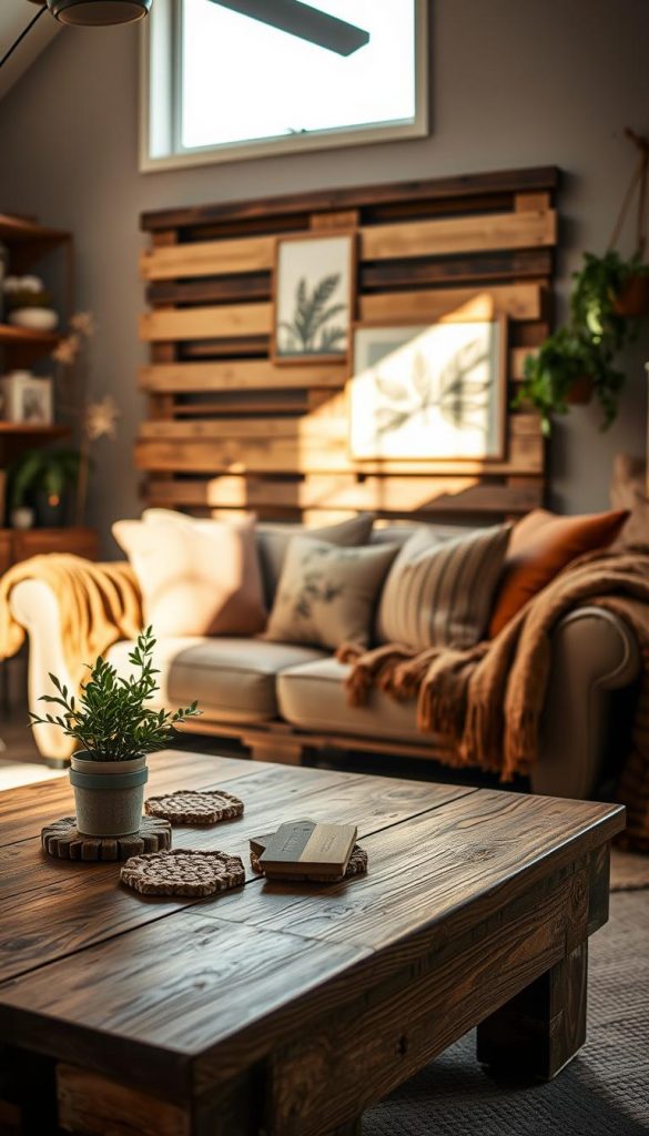 A cozy, inviting room filled with upcycled furniture and decor, embodying budget sustainability. In the foreground, a reclaimed wood coffee table adorned with a small potted plant and handmade coasters made from recycled materials. A comfortable, upcycled sofa draped with warm, textured throws and pillows in earthy tones sits in the center. The middle background showcases a wall DIY’d from old pallets, decorated with nature-inspired art. Soft, warm lighting filters through a window, casting gentle shadows that create a serene atmosphere. Include subtle elements of the brand "KlickKiste" like small display items or labels on products. The overall mood conveys authenticity and inspiration, ideal for showcasing stylish, budget-friendly, sustainable living.