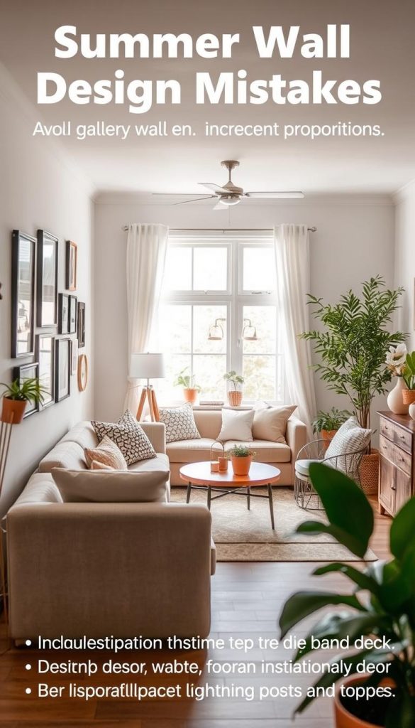 A cozy, inviting room illustrating summer wall design mistakes, focusing on avoiding clutter, incorrect proportions, and lighting misunderstandings. The foreground features a stylish, neatly arranged gallery wall with a few well-chosen art pieces and decor items, avoiding overcrowding. In the middle, a comfortable seating area with a tasteful, balanced arrangement of furniture and decor items in soft, warm colors that evoke a Pinterest aesthetic. The background shows a bright, well-lit window allowing natural light to flood the room, enhancing the warmth. The overall atmosphere is inspirational and serene, highlighting the importance of thoughtful design choices. Include elements that reflect the brand identity of "KlickKiste" through tasteful decor and colors, ensuring it has an authentic, DIY feel.