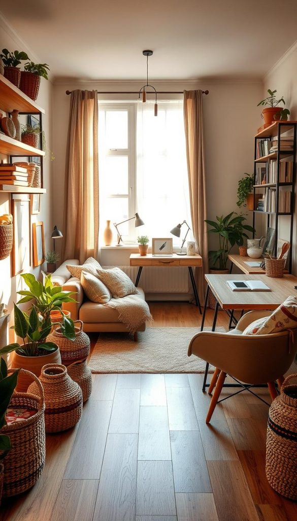 A cozy, inviting room styled with modern, natural, Boho, and Scandinavian influences, showcasing various stylish DIY organization solutions. In the foreground, there are hand-crafted wooden shelves filled with potted plants, artisanal baskets, and carefully arranged books. The middle features a chic, neutral-colored sofa adorned with textured throw pillows and a warm, fluffy rug. A well-lit corner includes a sleek desk with minimalistic decor, reflecting a Pinterest-worthy aesthetic. In the background, soft light pours through large windows, casting a warm glow and highlighting the earthy tones of the space. The atmosphere is calm and inspiring, evoking a sense of creativity and tranquility. Include elements representative of "KlickKiste" in the decor.