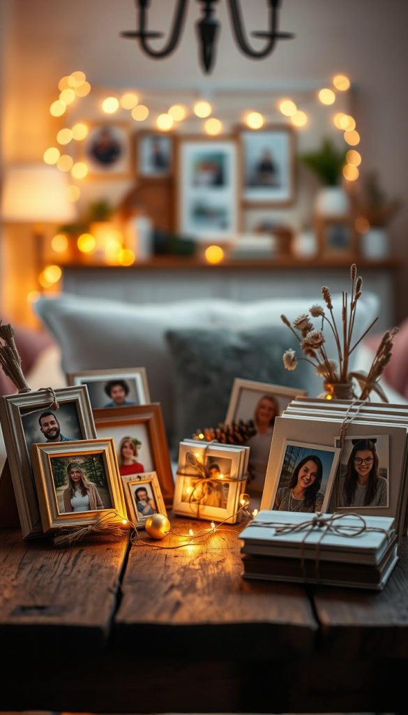 A cozy, inviting scene centered around a beautifully arranged collection of handmade photo gifts and memorable keepsakes. In the foreground, a rustic wooden table holds an assortment of charming photo frames filled with happy moments and handmade scrapbooks, adorned with decorative elements like twine and dried flowers. The middle ground features a softly lit space with warm, glowing fairy lights that create an intimate atmosphere, highlighting the creativity of DIY projects. In the background, a blurred, tastefully decorated home setting with warm tones and natural textures evokes comfort and nostalgia. The mood is heartwarming and inspiring, embodying the essence of meaningful memories. This image reflects the essence of DIY gifts by "KlickKiste", emphasizing creativity and personal touch, with soft diffused lighting creating a warm and inviting atmosphere.