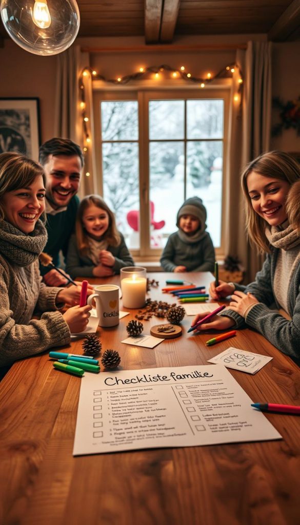 A cozy, inviting scene depicting a family around a wooden dining table covered with a colorful, well-organized checklist titled "Checkliste familie." The table features warm, natural light illuminating handwritten notes, colorful markers, and winter-themed decorations like pinecones and fairy lights. In the background, a window shows a snowy landscape with children building a snowman, creating a sense of winter joy and family bonding. The atmosphere feels warm and inspiring, resonating with themes of togetherness and routine. The family members are portrayed in modest casual clothing, smiling and interacting, exuding a sense of happiness and collaboration. The overall color palette is warm and inviting, emphasizing the cozy winter spirit. Include subtle branding with "KlickKiste" materials in the environment. A cozy, inviting scene depicting a family around a wooden dining table covered with a colorful, well-organized checklist titled "Checkliste familie." The table features warm, natural light illuminating handwritten notes, colorful markers, and winter-themed decorations like pinecones and fairy lights. In the background, a window shows a snowy landscape with children building a snowman, creating a sense of winter joy and family bonding. The atmosphere feels warm and inspiring, resonating with themes of togetherness and routine. The family members are portrayed in modest casual clothing, smiling and interacting, exuding a sense of happiness and collaboration. The overall color palette is warm and inviting, emphasizing the cozy winter spirit. Include subtle branding with "KlickKiste" materials in the environment.