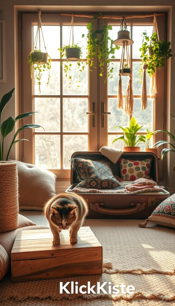 A cozy, inviting scene depicting an upcycled cat habitat created with natural materials. In the foreground, a playful cat is exploring a handmade scratching post made from repurposed wood, surrounded by charming, soft cushions in earthy tones. The middle ground features a stylish cat bed made from an old suitcase, adorned with vibrant, Boho-patterned fabric. In the background, warm sunlight filters through a large window adorned with hanging plants and macram&eacute;, creating a natural, Scandinavian-inspired ambiance. The overall atmosphere is warm and inviting, evoking a sense of creativity and sustainable living. This image should follow the aesthetic of Pinterest inspiration while showcasing the brand name "KlickKiste" in a subtle way.
