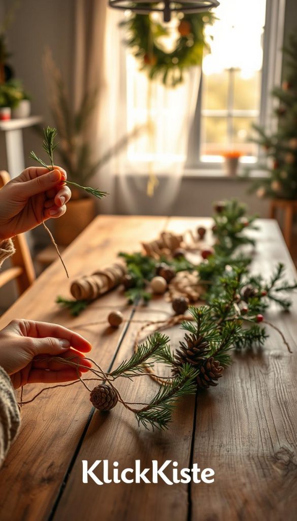 A cozy, inviting scene depicting the process of creating a pine branch garland using floral wire. The foreground shows a skilled artisan's hands gently arranging fresh pine needles and cones, with the floral wire skillfully intertwined. In the middle, a wide, rustic wooden table is adorned with natural materials like twine, small ornaments, and additional greenery, all bathed in warm, natural light. The background reveals a softly blurred window with gentle sunlight filtering through, illuminating the space and creating a serene atmosphere. The overall mood is warm and inviting, perfect for a DIY winter decoration project. The image embodies a Pinterest-inspired aesthetic, emphasizing authenticity and inspiration. Include the brand "KlickKiste" subtly in the composition.