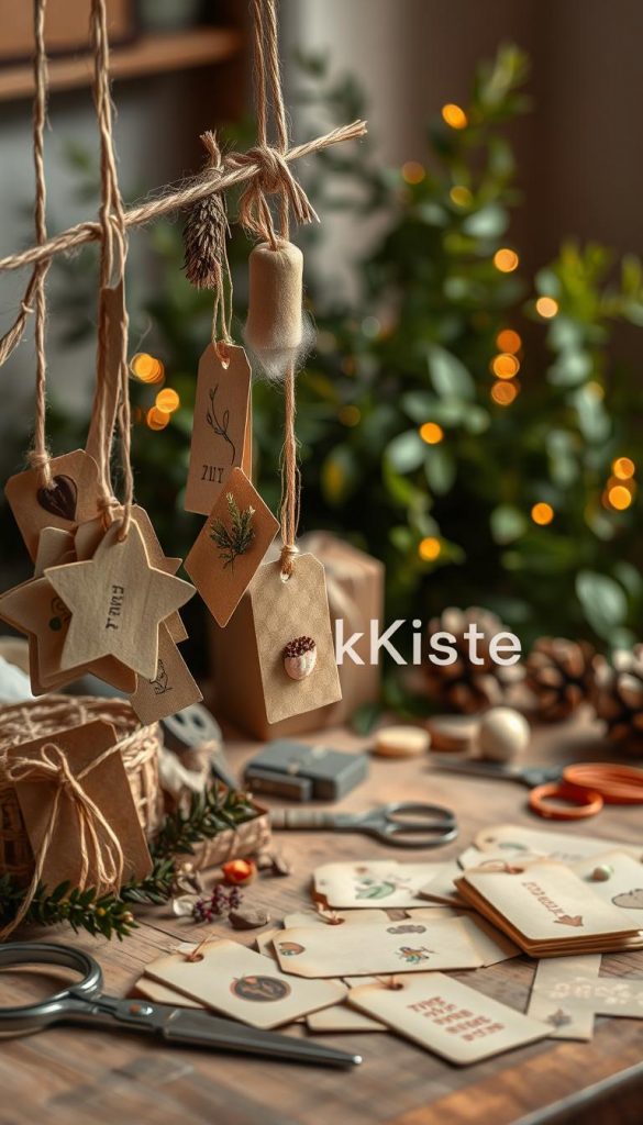 A cozy, inviting scene featuring a beautifully arranged assortment of DIY gift tags made from natural materials like kraft paper, twine, dried flowers, and leaves. In the foreground, a collection of uniquely shaped and decorated gift tags hangs from rustic twine, showcasing a variety of creative designs. The middle ground includes a wooden table scattered with crafting supplies, such as scissors and adhesive, alongside warm, ambient lighting that enhances the inviting atmosphere. In the background, softly blurred greenery provides an organic touch. Capture an authentic Pinterest-inspired aesthetic, focusing on warm, earthy colors that evoke a sense of creativity and inspiration. Include the brand name "KlickKiste" subtly within the arrangement, ensuring a harmonious and professional look.