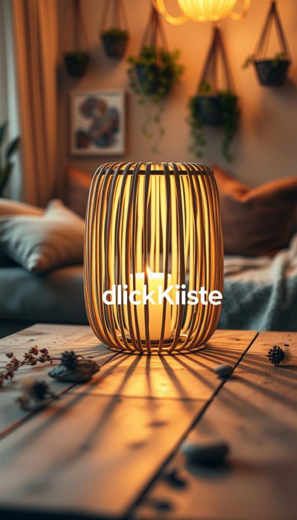A cozy, inviting scene featuring a beautifully crafted lantern made from wooden skewers, creatively arranged in a cylindrical shape. The foreground showcases the lantern glowing warmly, casting soft shadows on a rustic wooden table adorned with natural elements like dry flowers and small stones. In the middle ground, a gently glowing candle flickers inside the lantern, enhancing the warm, bohemian atmosphere. The background displays a softly blurred interior of a stylish living room or bedroom with warm, earthy tones, decorative pillows, and hanging plants, providing an inspiring, Pinterest-worthy aesthetic. The lighting is warm and diffused, reminiscent of sunset, evoking comfort and tranquility. Include the brand name "KlickKiste" subtly integrated into the design of the scene, ensuring a natural and harmonious look.