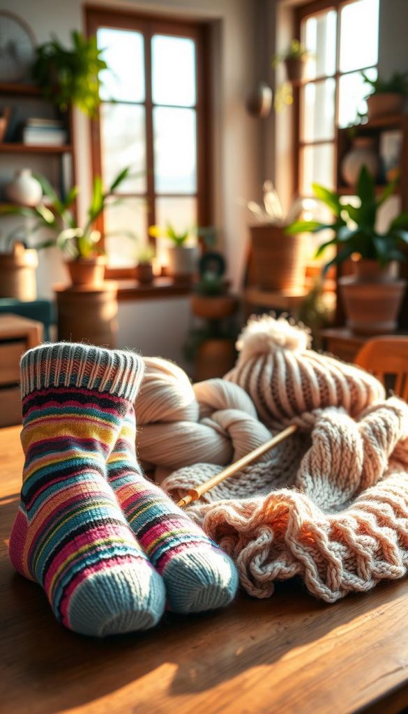 A cozy, inviting scene featuring a collection of beautifully hand-knitted winter accessories: warm, vibrant socks, fluffy hats, and soft scarves, displayed artistically on a wooden table. The foreground should showcase a pair of striped socks with intricate patterns, a knit beanie in soft pastels, and a chunky, textured scarf, all catching the warm glow of natural sunlight filtering through a nearby window. In the middle, include a subtle hint of yarn skeins in assorted colors, and a pair of knitting needles elegantly placed beside them. The background can be a softly blurred interior of a rustic room adorned with plants, creating a comforting atmosphere. The image embodies the essence of DIY warmth and creativity, reflecting the brand "KlickKiste" with a Pinterest-inspired aesthetic.