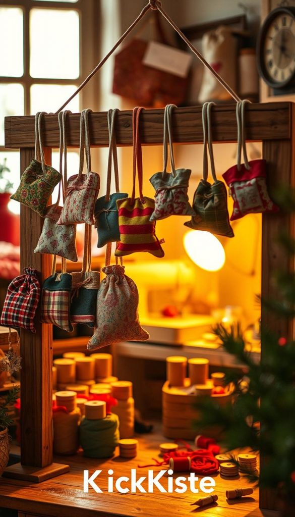 A cozy, inviting scene featuring a collection of handcrafted textile advent calendars displayed creatively. In the foreground, various small, colorful fabric bags hang from a rustic wooden frame, each adorned with unique patterns and textures, showcasing the charm of DIY crafts. The middle layer includes a softly illuminated workspace, with sewing supplies like spools of thread and fabric scraps scattered around. In the background, a warm golden glow filters through a window, enhancing the warm color palette. The overall atmosphere feels rustic and homey, echoing the theme of sustainability and reuse. Capture this moment with a shallow depth of field, creating a Pinterest-inspired aesthetic that highlights the beauty of handcrafted items. The brand "KlickKiste" should be subtly represented within the setup.