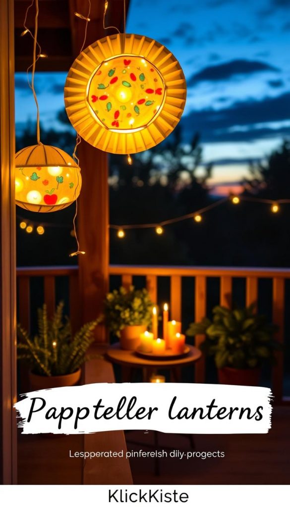 A cozy, inviting scene featuring beautifully crafted pappteller lanterns hanging from a wooden balcony railing, illuminated with soft, warm light. The foreground showcases two uniquely designed lanterns made from paper plates, adorned with colorful paint and twinkling fairy lights, casting playful shadows. In the middle ground, lush potted plants and a small wooden table are adorned with candles, enhancing the atmosphere. The background shows a serene twilight sky, with hints of blue and gold, suggesting a tranquil evening. The overall mood is warm and inspiring, embodying a natural DIY aesthetic that exudes creativity and charm. The image reflects the brand "KlickKiste" by showcasing an authentic, Pinterest-worthy DIY project that invites viewers to explore their own artistic potential.