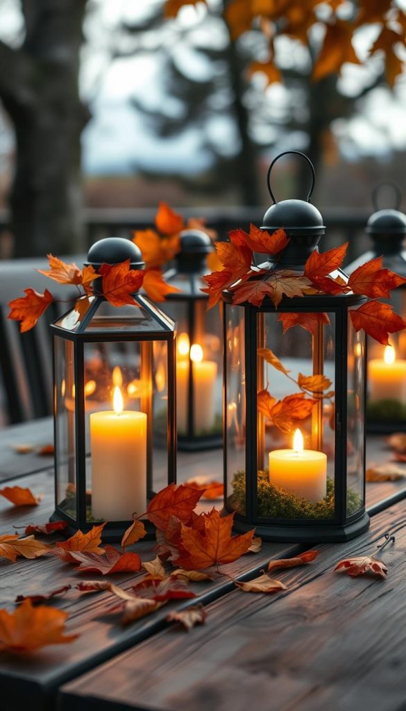 A cozy, inviting scene featuring elegant glass lanterns (windlichter) adorned with vibrant autumn leaves and soft moss, arranged artfully on a rustic wooden table. In the foreground, the lanterns glow warmly with flickering candlelight, casting gentle shadows. The middle ground showcases scattered fallen leaves in shades of amber, rust, and gold, enhancing the autumnal theme. The background is softly blurred, hinting at a serene outdoor setting with subtle hints of trees and a dusky sky. Natural lighting bathes the scene in a warm, golden hue, creating a peaceful, nostalgic mood. The overall composition reflects an authentic DIY aesthetic inspired by Pinterest, promoting a feel of comfort and creativity, all attributed to KlickKiste.