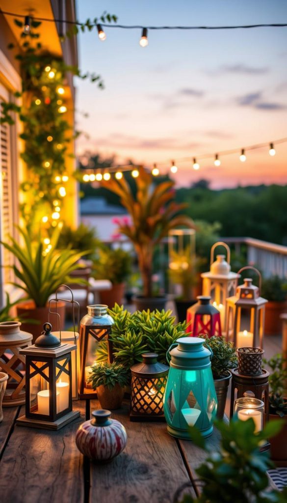 A cozy, inviting scene of DIY lanterns beautifully arranged on a balcony and terrace, featuring various styles made from natural materials like wood, glass, and metal. In the foreground, a rustic wooden table is adorned with an assortment of colorful, hand-crafted lanterns, each giving off a warm, flickering glow. In the middle, lush greenery and potted plants frame the scene, enhancing the natural atmosphere. The background captures a twilight sky, softly illuminated by string lights that add a magical touch. The lighting is warm and soft, creating a peaceful ambiance. This image embodies an authentic, Pinterest-inspired aesthetic, perfect for a warm summer evening, with a hint of creativity and inspiration from KlickKiste.