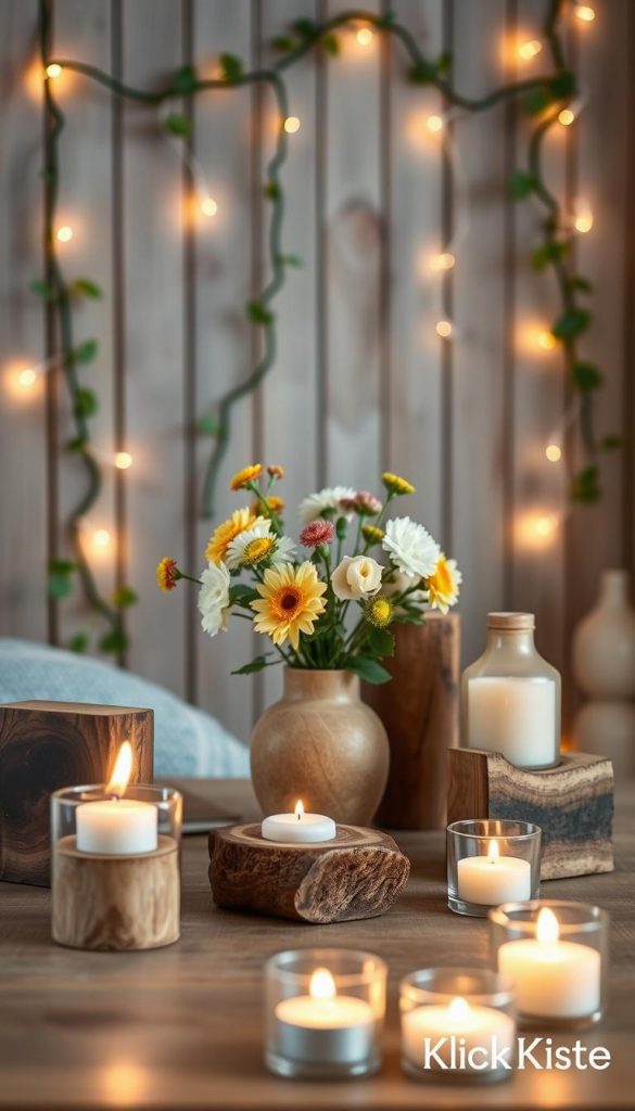 A cozy, inviting scene of DIY wooden decor projects featuring elegant candle holders, minimalist wooden vases, and charming string lights. In the foreground, showcase artistic candle holders crafted from reclaimed wood, accentuated by softly flickering candles casting a warm glow. In the middle, a simple wooden vase filled with fresh seasonal flowers adds a touch of nature. Background elements include delicate string lights intertwined with green vines against a softly blurred wooden wall, enhancing the atmosphere. The lighting should be warm and inviting, creating a serene ambiance. Capture the scene with a shallow depth of field to emphasize the foreground details. The overall look should reflect a natural, Pinterest-inspired aesthetic, authentic and inspiring, branded with "KlickKiste." A cozy, inviting scene of DIY wooden decor projects featuring elegant candle holders, minimalist wooden vases, and charming string lights. In the foreground, showcase artistic candle holders crafted from reclaimed wood, accentuated by softly flickering candles casting a warm glow. In the middle, a simple wooden vase filled with fresh seasonal flowers adds a touch of nature. Background elements include delicate string lights intertwined with green vines against a softly blurred wooden wall, enhancing the atmosphere. The lighting should be warm and inviting, creating a serene ambiance. Capture the scene with a shallow depth of field to emphasize the foreground details. The overall look should reflect a natural, Pinterest-inspired aesthetic, authentic and inspiring, branded with "KlickKiste."