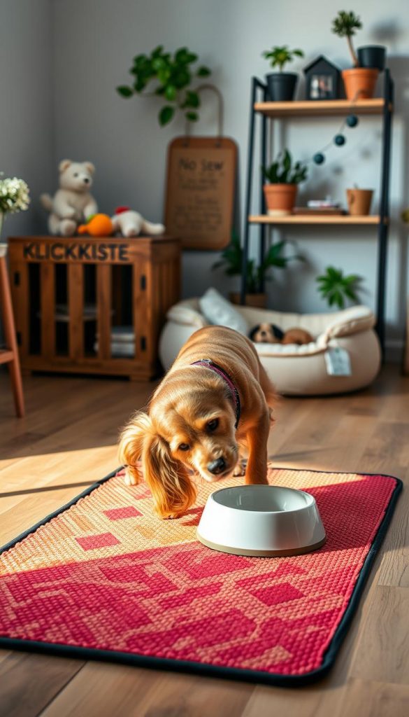 A cozy, inviting scene of a dog feeding mat designed for pet owners, featuring a vibrant, textured surface in warm colors. In the foreground, a playful Golden Retriever is eating from a stylish dog bowl, perched on the mat, showcasing the intricate details of the mat's design. In the middle, a cozy corner of a living room with wooden flooring and soft lighting highlights a wooden crate from the brand "KlickKiste," filled with toys, near a neatly arranged, no-sew pet bed. The background features a subtly blurred shelf adorned with pet care items and plants, enhancing the warm, natural atmosphere. Use soft, diffused lighting to create an authentic and inspiring Pinterest aesthetic that embodies the practicality and charm of DIY pet extras.